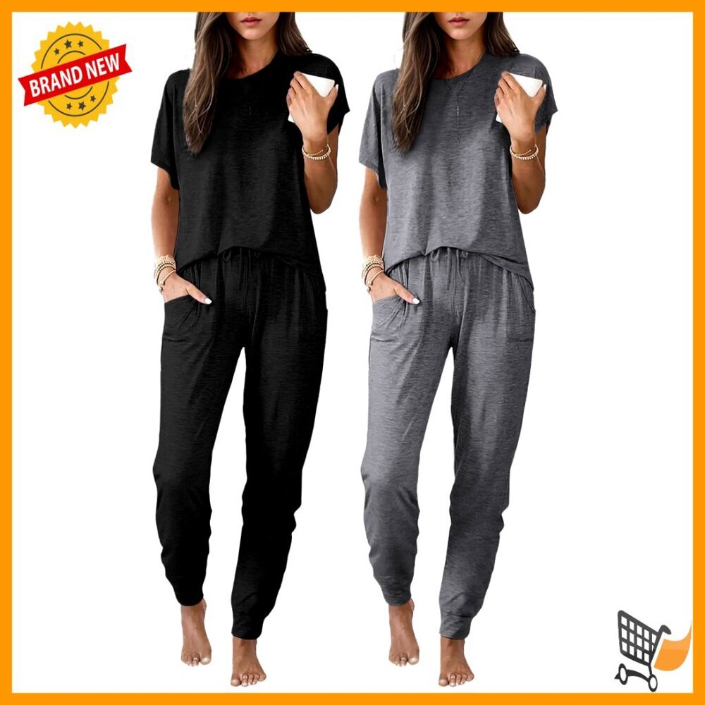 Soft Jogger Pajama Set Lounge Sleepwear Short Sleeves Pockets Comfortable